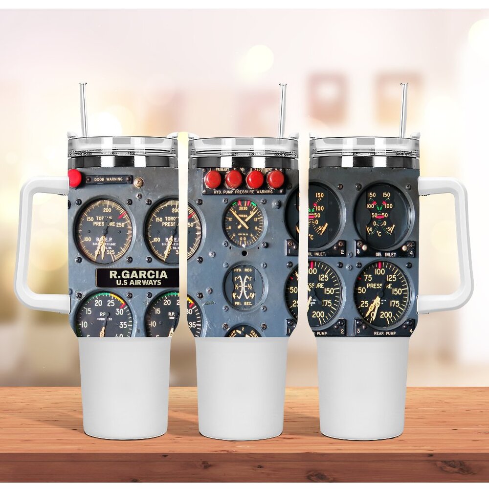 Personalized Custom Name for Pilot, Flight Instruments Panel 40oz Tumbler Cup, B